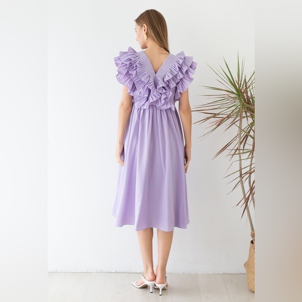 PLEATED RUFFLE BUTTONED DEEP V-NECK DRESS IN LILAC - Picture 6 of 14
